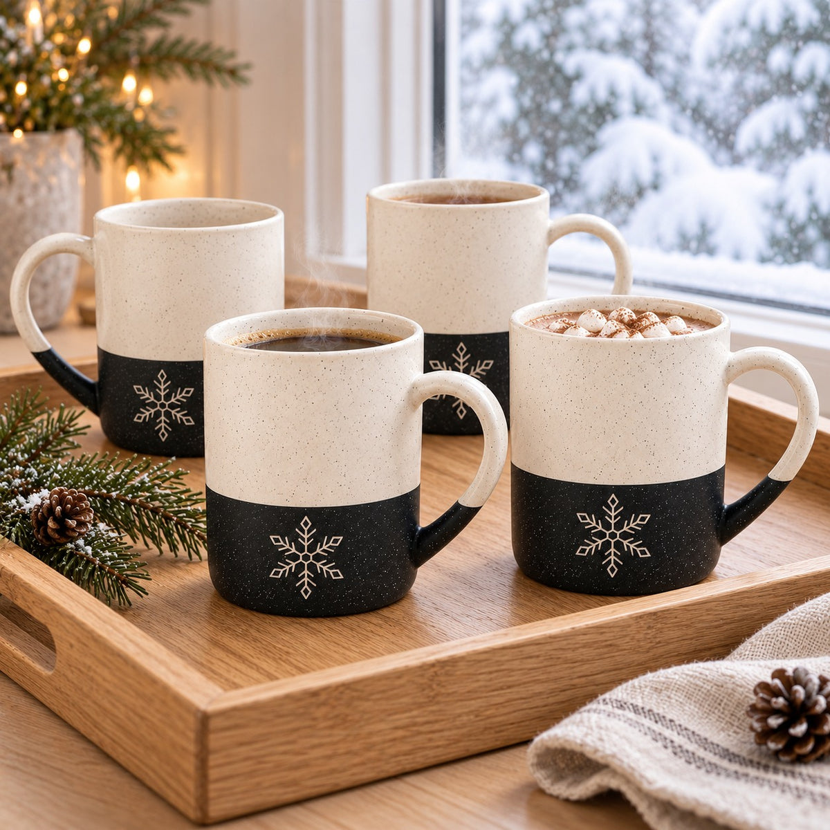 Snowflake Engraved Mug Set of 4 by Rooted & Refined: four black speckled mugs styled together