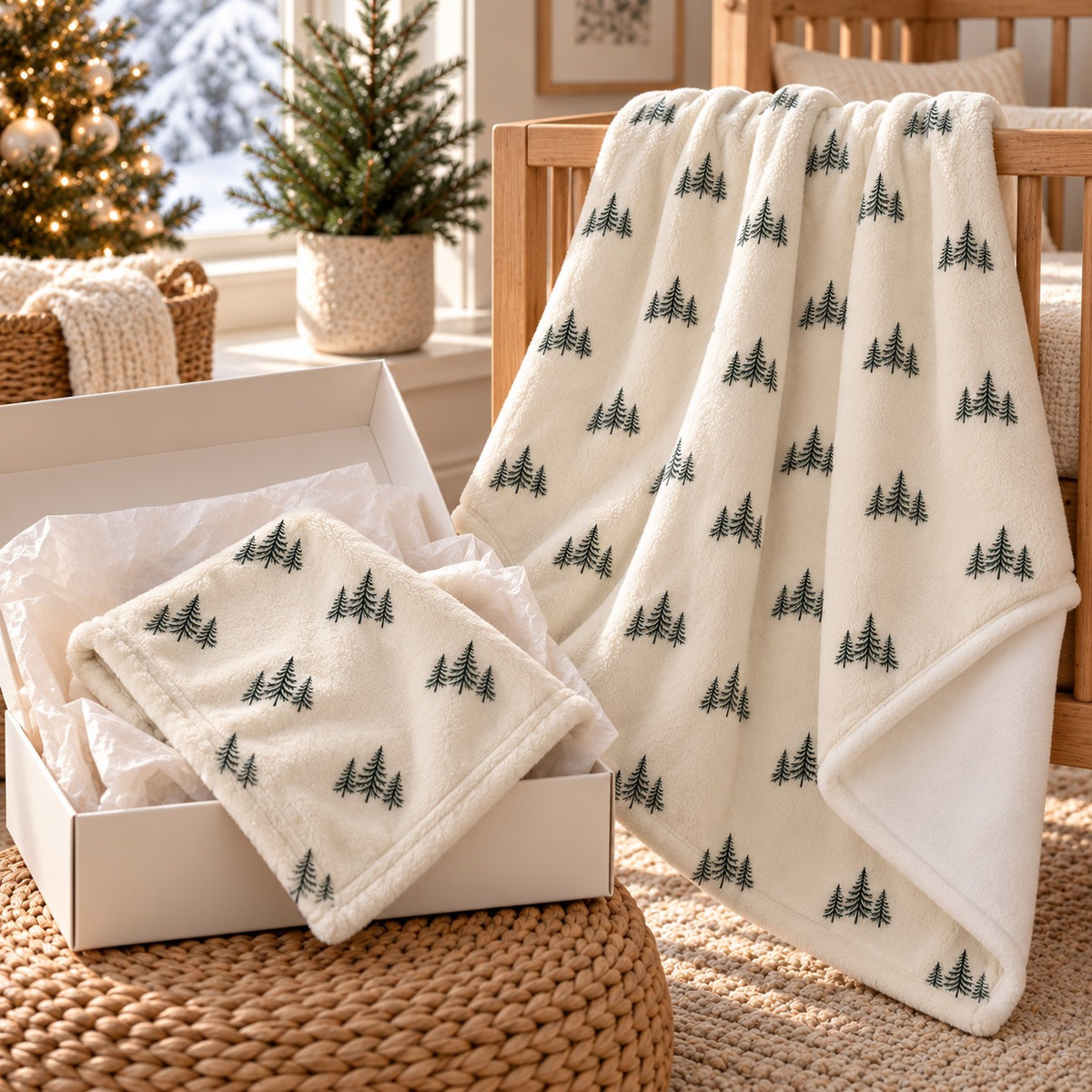 Evergreen New Baby Gift Set by Rooted & Refined: matching minky lovey and minky baby blanket styled in a calm nursery