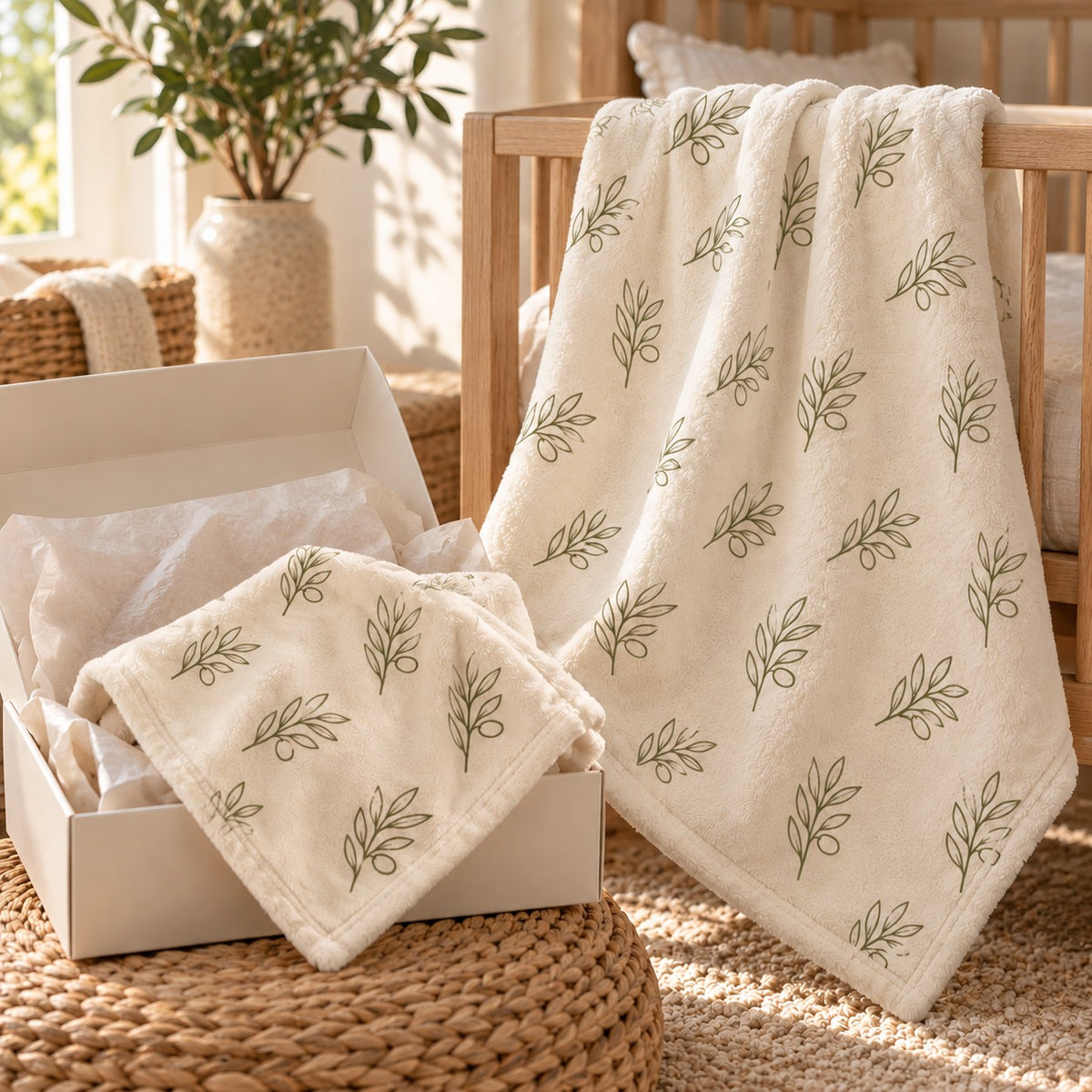 Olive Branch New Baby Gift Set by Rooted & Refined: matching minky lovey and minky baby blanket styled in a calm nursery