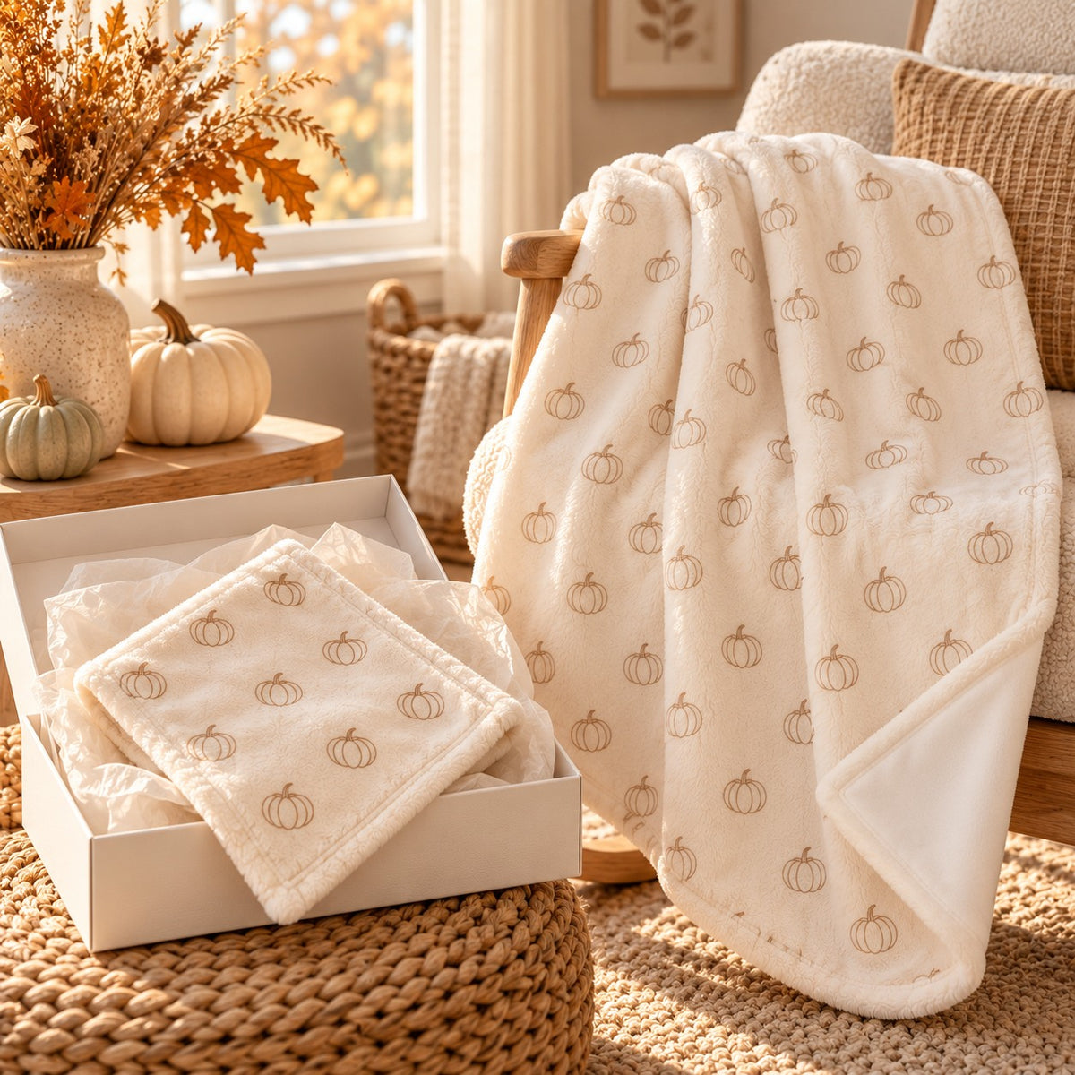 Pumpkin New Baby Gift Set by Rooted & Refined: matching minky lovey and minky baby blanket styled in a calm nursery