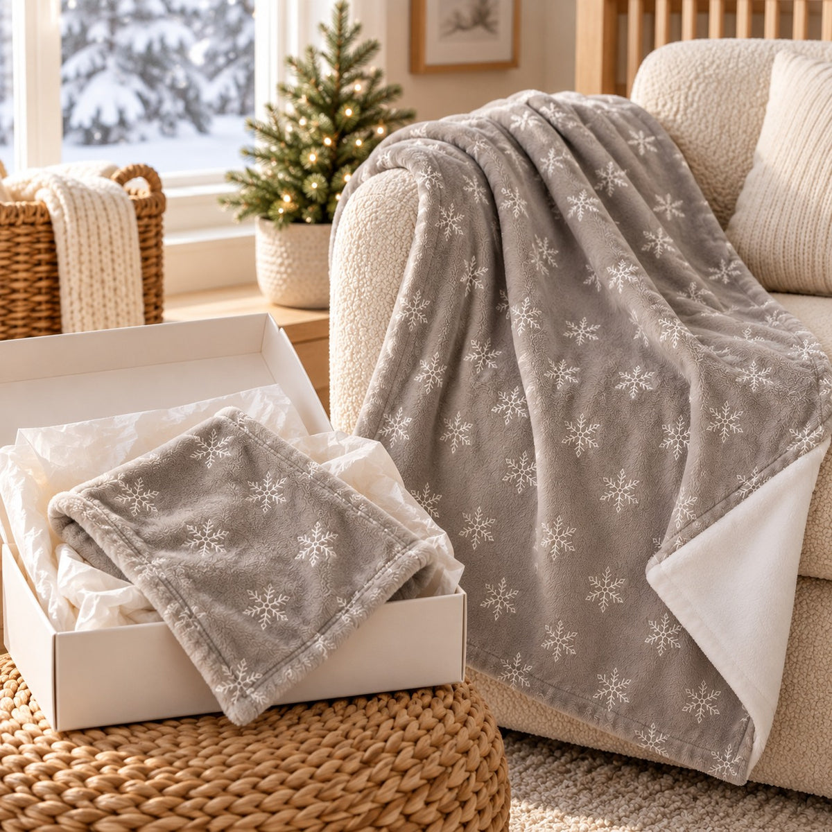 Snowflake New Baby Gift Set by Rooted & Refined: matching minky lovey and minky baby blanket styled in a calm nursery