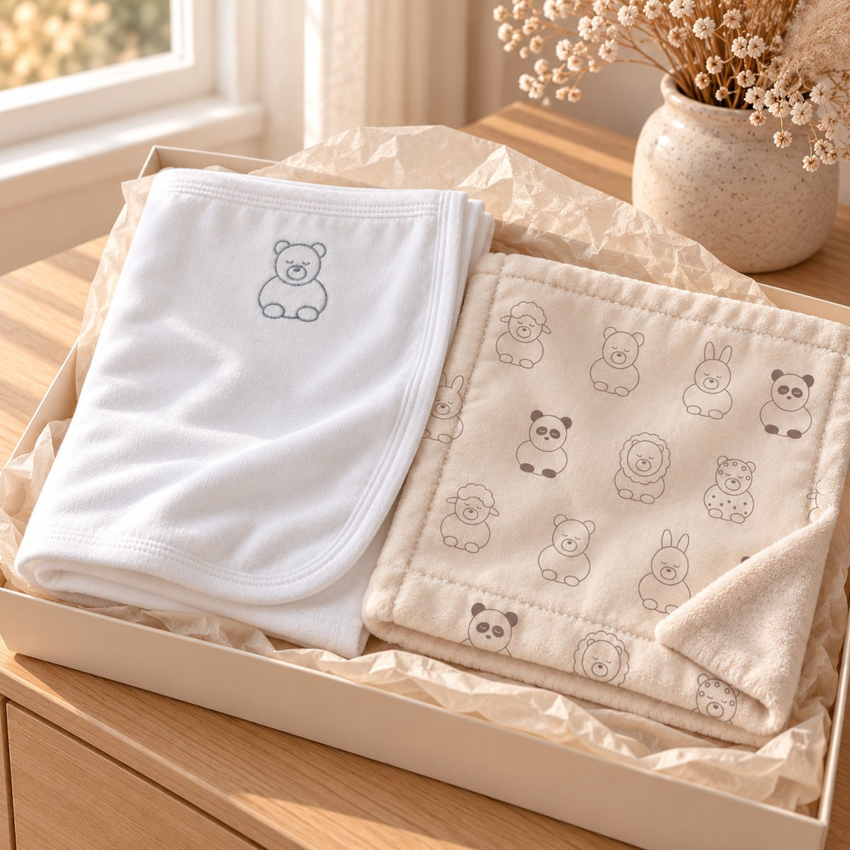 Little Bear Nursery Pair Gift Set by Rooted & Refined: embroidered cotton baby blanket with the Little Friends minky lovey in a calm nursery