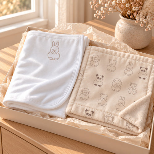 Little Bunny Nursery Pair Gift Set by Rooted & Refined: embroidered cotton baby blanket with the Little Friends minky lovey in a calm nursery