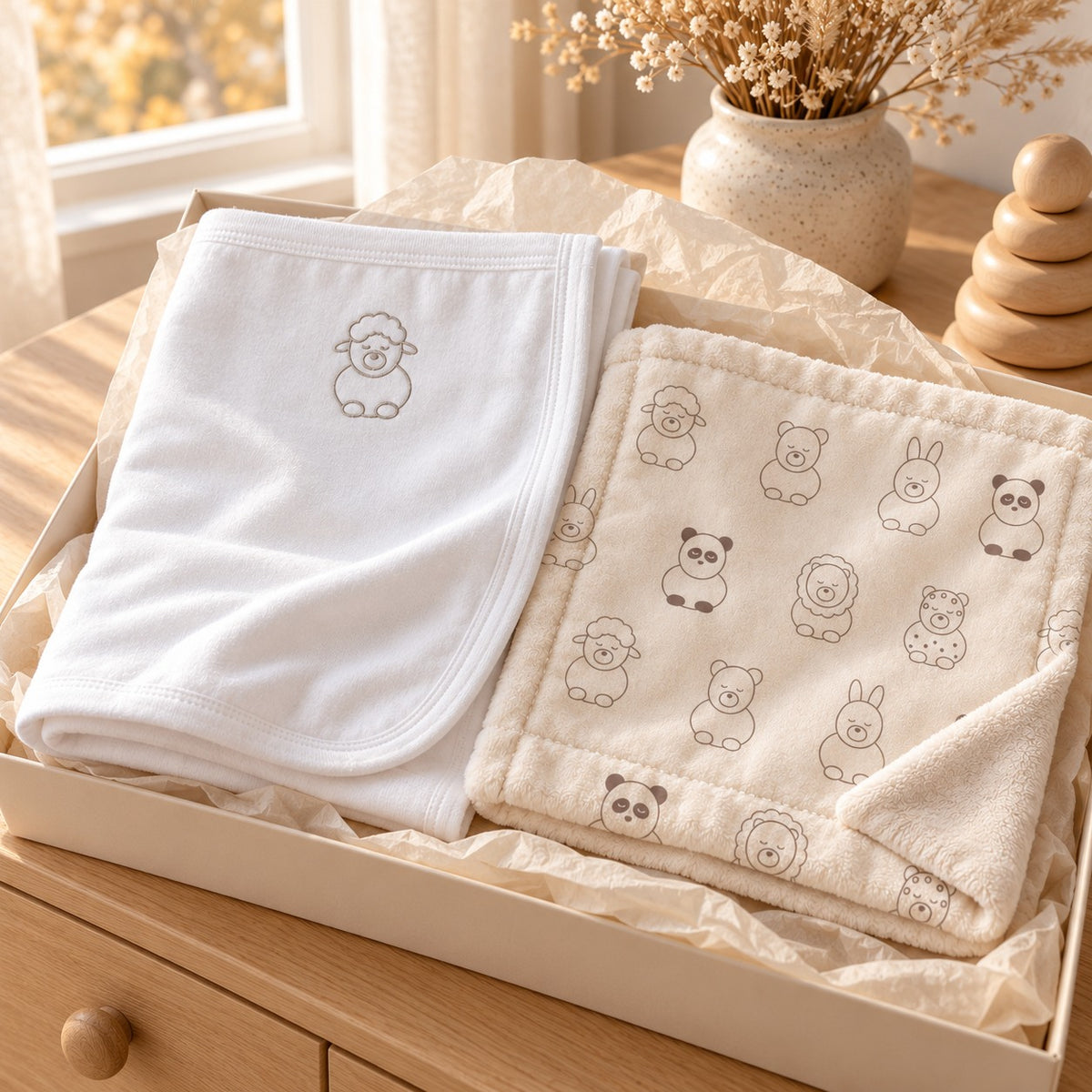 Little Lamb Nursery Pair Gift Set by Rooted & Refined: embroidered cotton baby blanket with the Little Friends minky lovey in a calm nursery