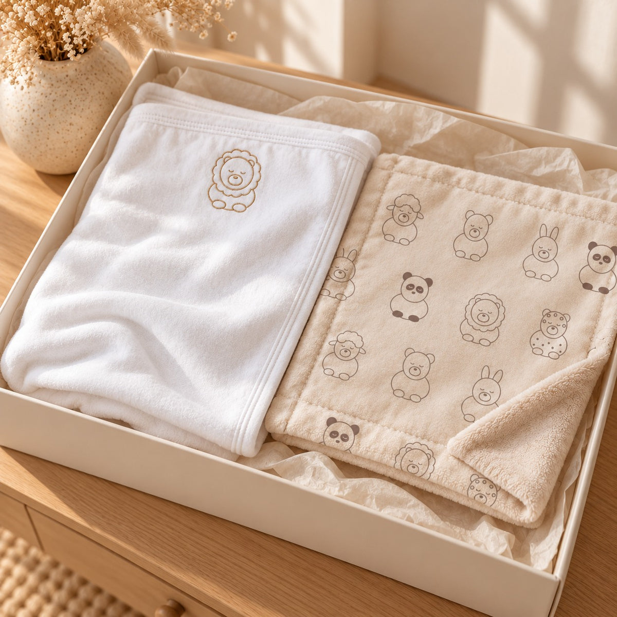 Little Lion Nursery Pair Gift Set by Rooted & Refined: embroidered cotton baby blanket with the Little Friends minky lovey in a calm nursery