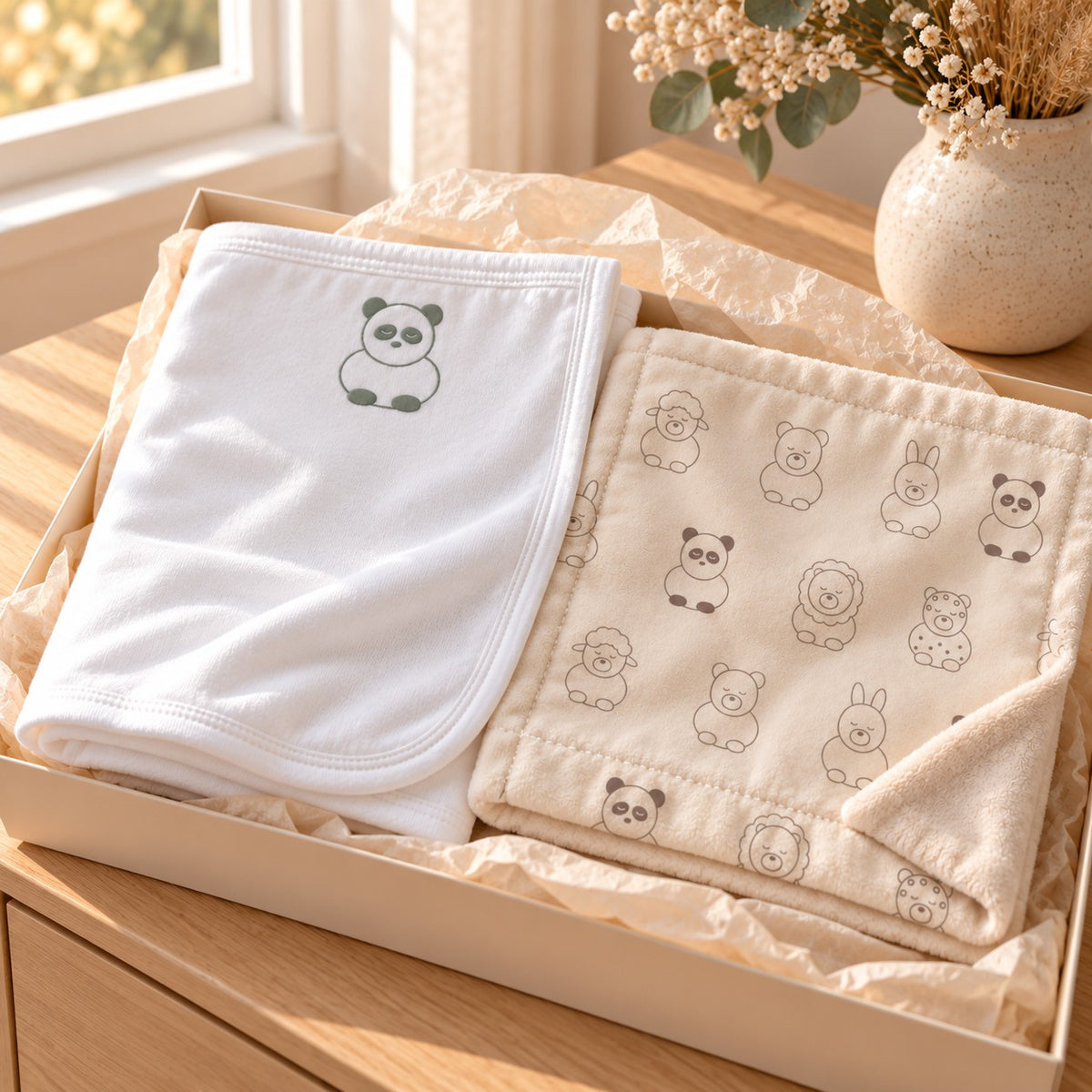 Little Panda Nursery Pair Gift Set by Rooted & Refined: embroidered cotton baby blanket with the Little Friends minky lovey in a calm nursery