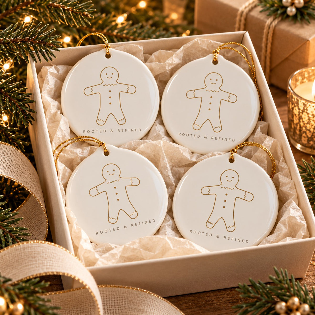 Gingerbread Ornament Set of 4 by Rooted & Refined: four round ceramic ornaments styled together