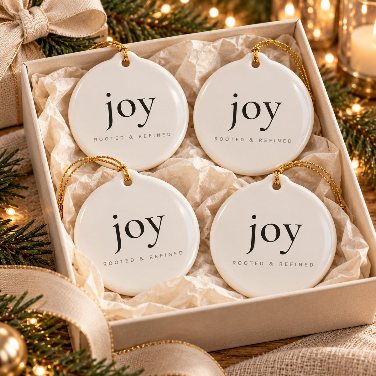 Joy Ornament Set of 4 by Rooted & Refined: four round ceramic ornaments styled together