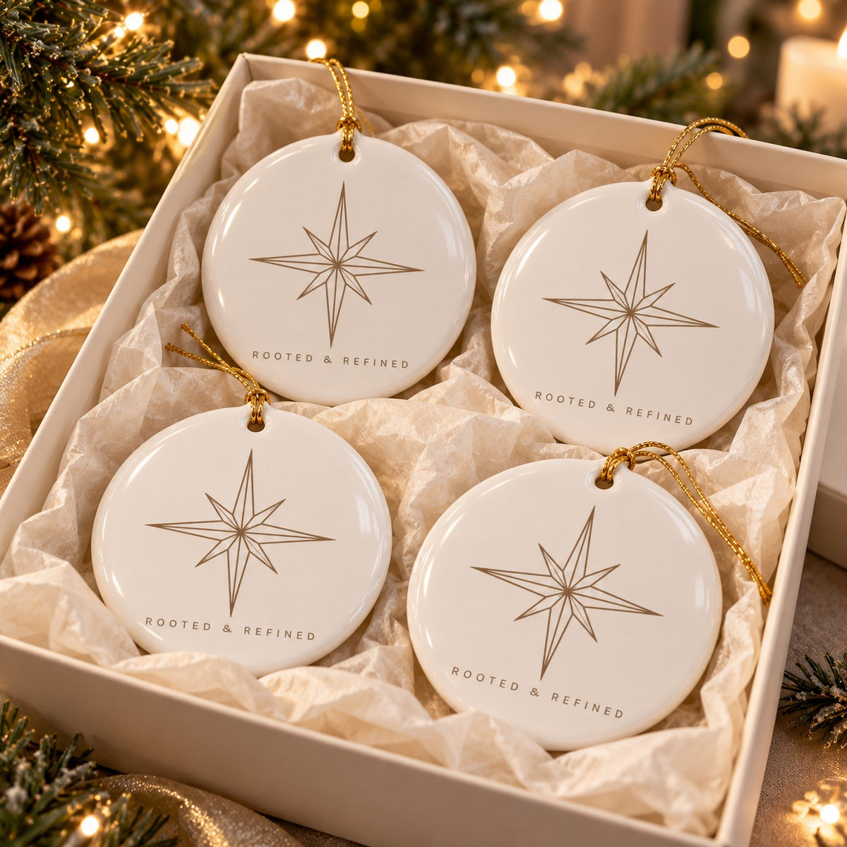 North Star Ornament Set of 4 by Rooted & Refined: four round ceramic ornaments styled together