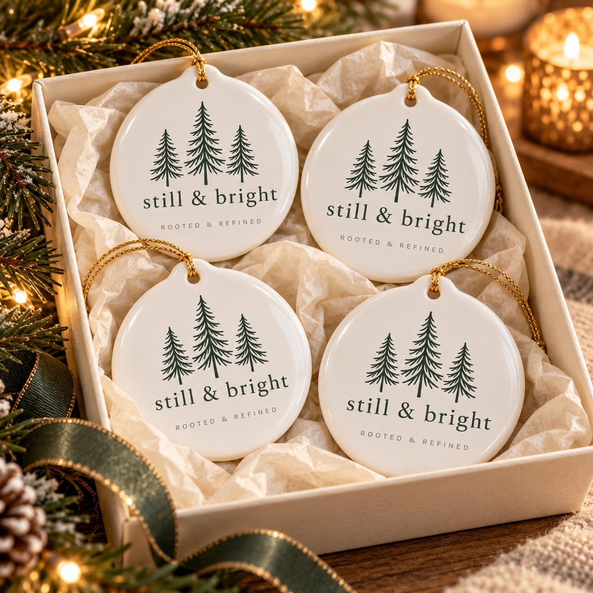 Still & Bright Evergreen Ornament Set of 4 by Rooted & Refined: four round ceramic ornaments styled together