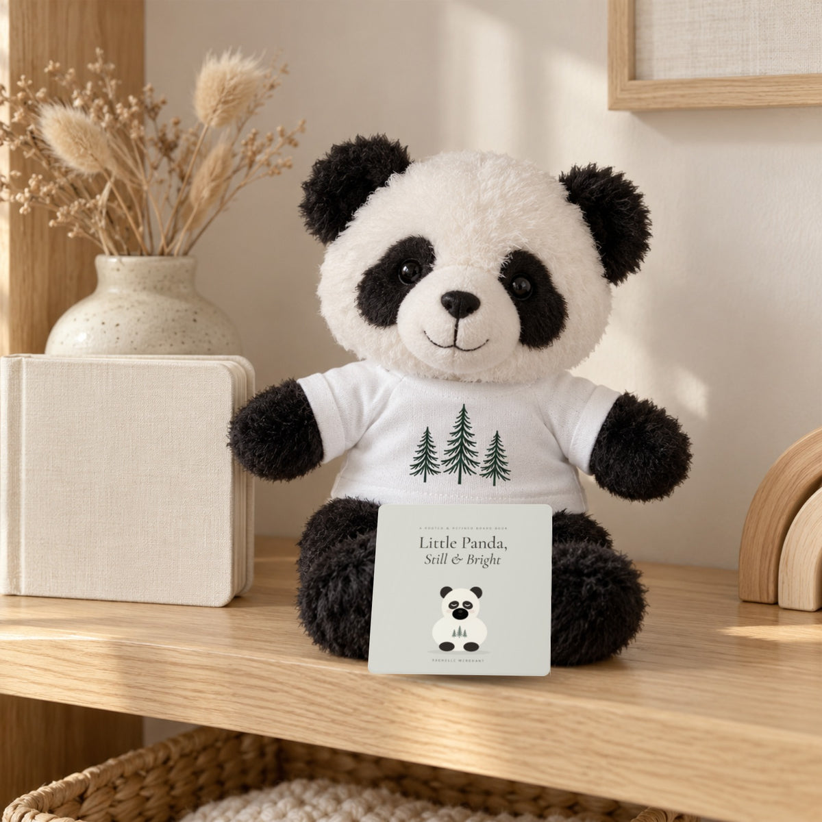 Little Panda Book & Plush Gift Set by Rooted & Refined: the Little Panda, Still & Bright board book with the Little Panda plush on a nursery shelf