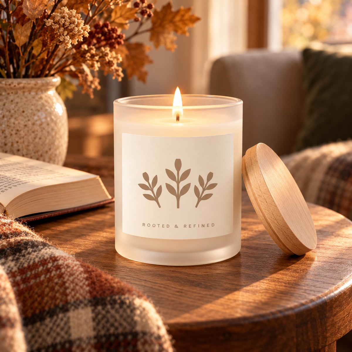 Autumn Sprig Frosted Glass Candle, styled at home