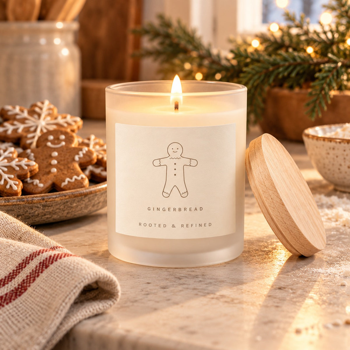 Gingerbread Frosted Glass Candle, styled at home