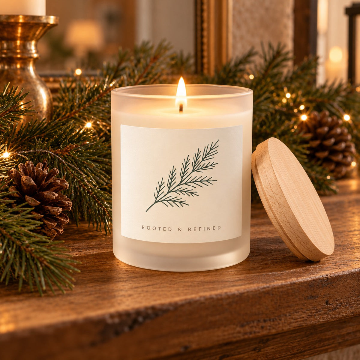 Evergreen Pine Frosted Glass Candle, styled at home
