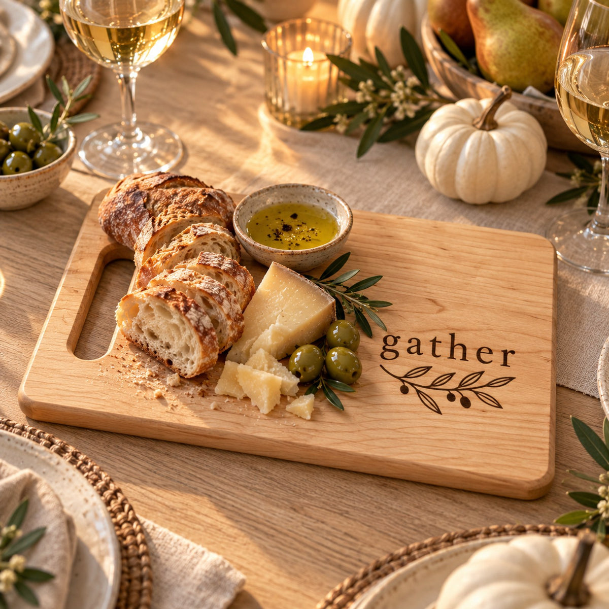 Maple cutting board engraved with gather and an olive sprig, with bread, olive oil and cheese on a candlelit fall table