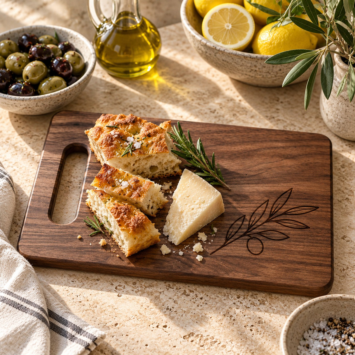 Walnut cutting board engraved with an olive branch, with focaccia and cheese beside olives and lemons