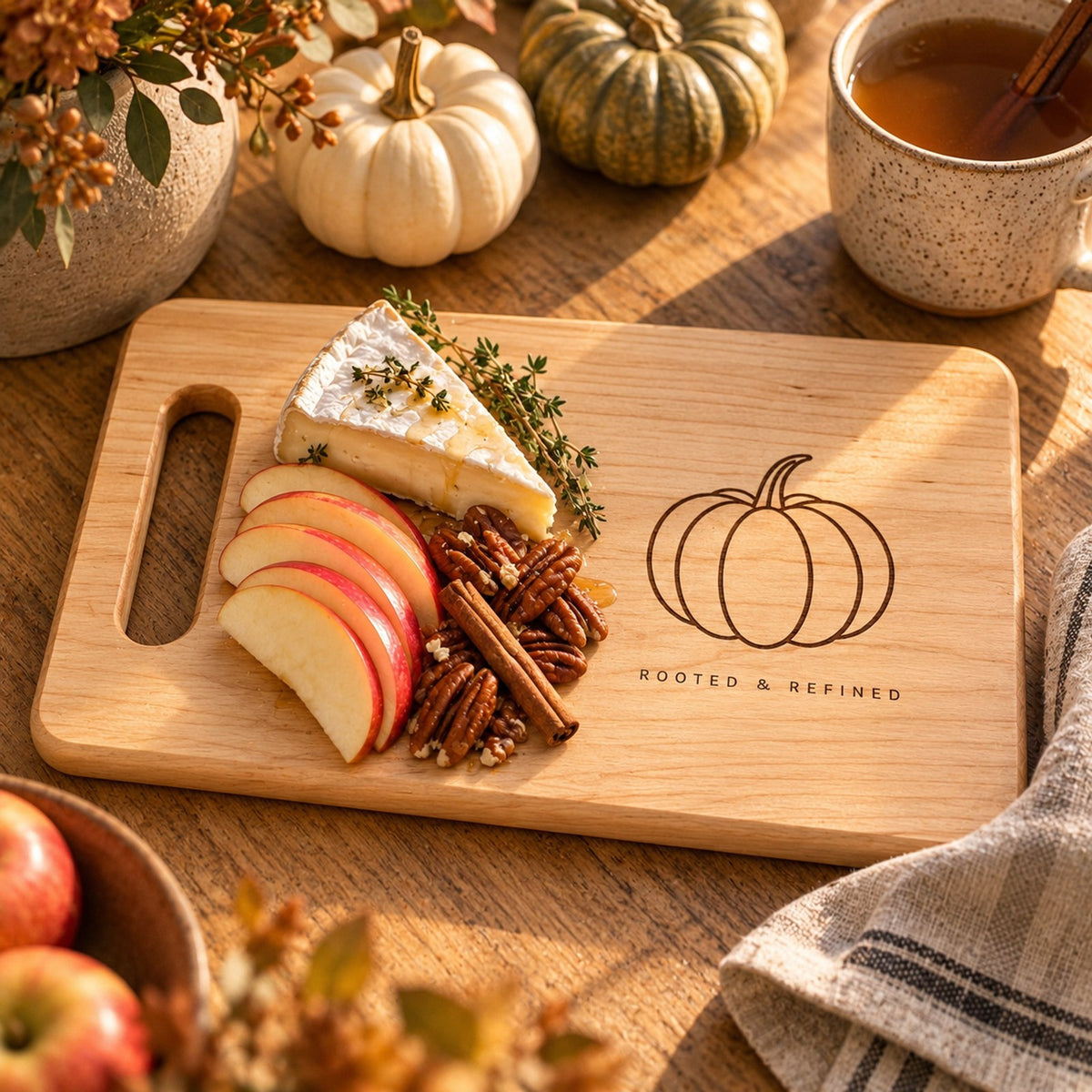 Maple cutting board engraved with a line-drawn pumpkin, with apple slices, brie and pecans among small white pumpkins