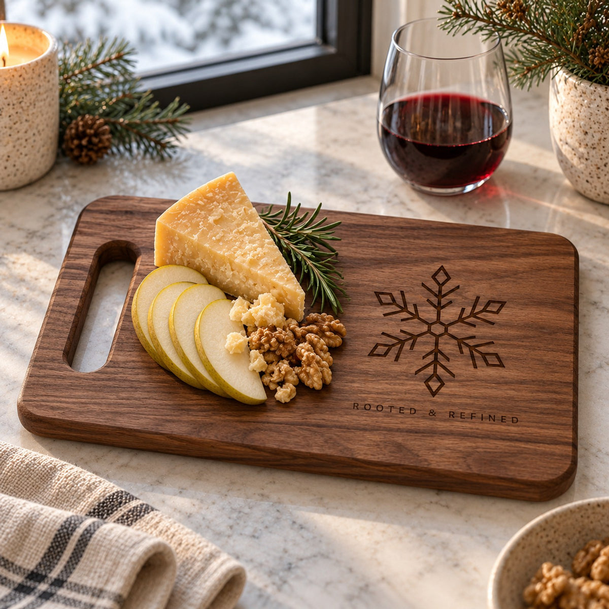 Walnut cutting board engraved with a snowflake, with pear slices, cheese and walnuts by a snowy window
