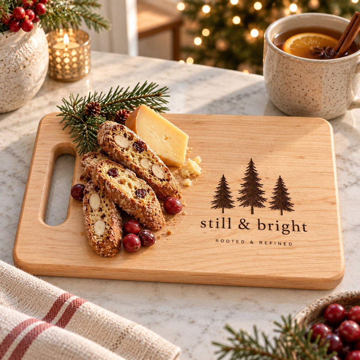 Maple cutting board engraved with three evergreen trees and still & bright, with biscotti and cranberries on a Christmas table