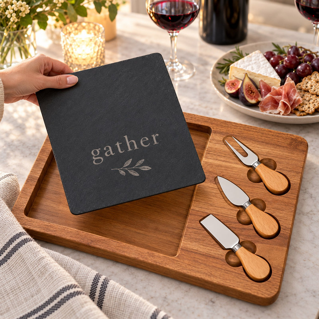 Black slate engraved with gather resting on an acacia board with three cheese knives, figs and wine on a candlelit table