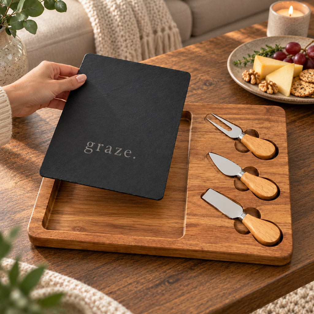 Black slate engraved with graze on an acacia board with three cheese knives, beside a cheese and grape plate
