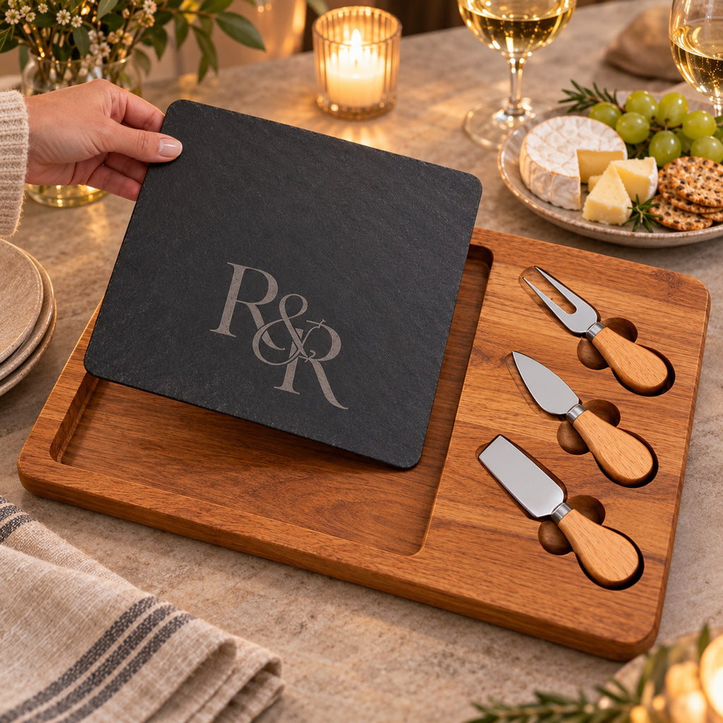 Hand lifting the black slate engraved with the R&R monogram from its acacia board, with three cheese knives beside a cheese plate
