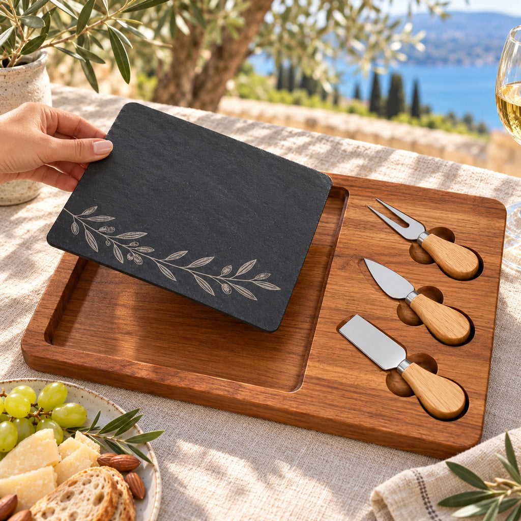 Black slate engraved with an olive branch on an acacia board with three cheese knives, on a sunny terrace table by the sea