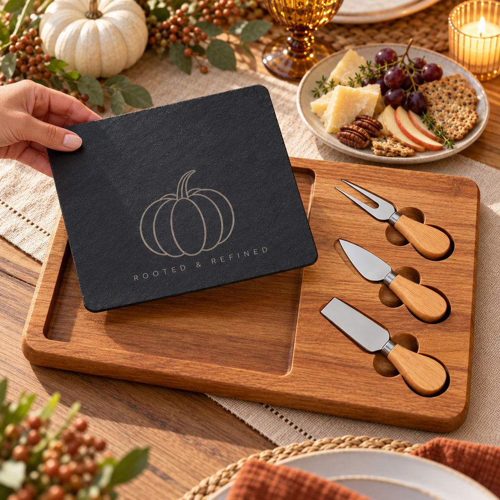 Black slate engraved with a line-drawn pumpkin on an acacia board with three cheese knives, on a fall table with cheese and grapes