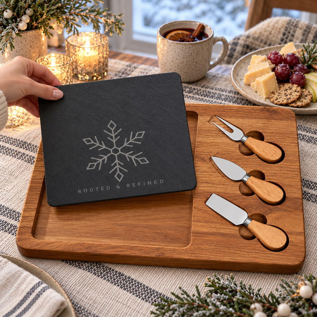 Black slate engraved with a snowflake on an acacia board with three cheese knives, with mulled wine by a winter window