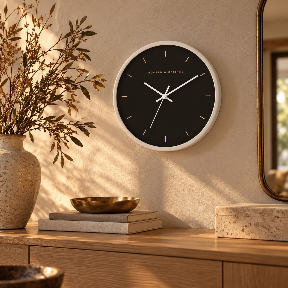 Espresso-face wall clock with gold hour marks and a white frame, above a console with olive branches