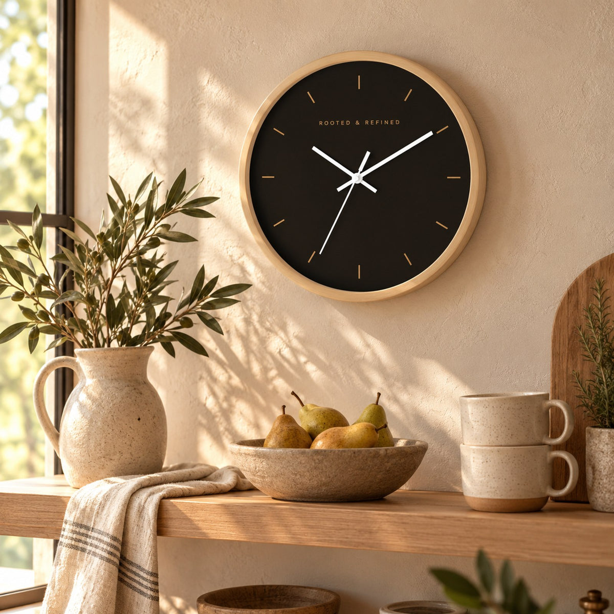 Espresso-face wall clock with gold hour marks and a natural wood frame, above a kitchen shelf with mugs and pears