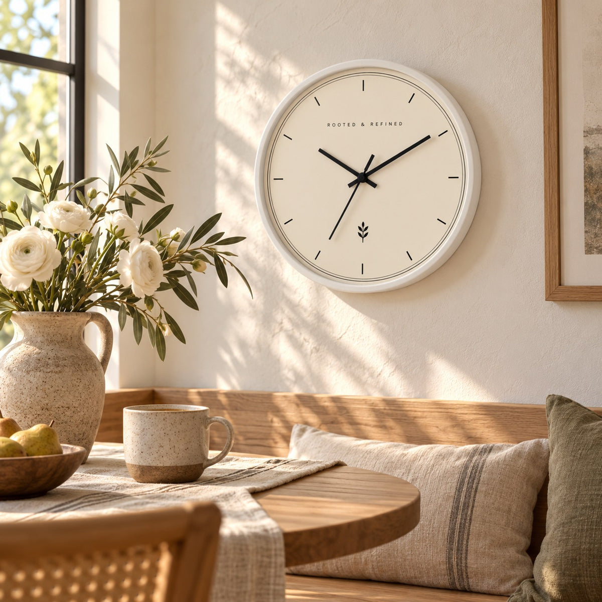 Signature ring wall clock with a white frame and cream face, above a dining nook with white flowers