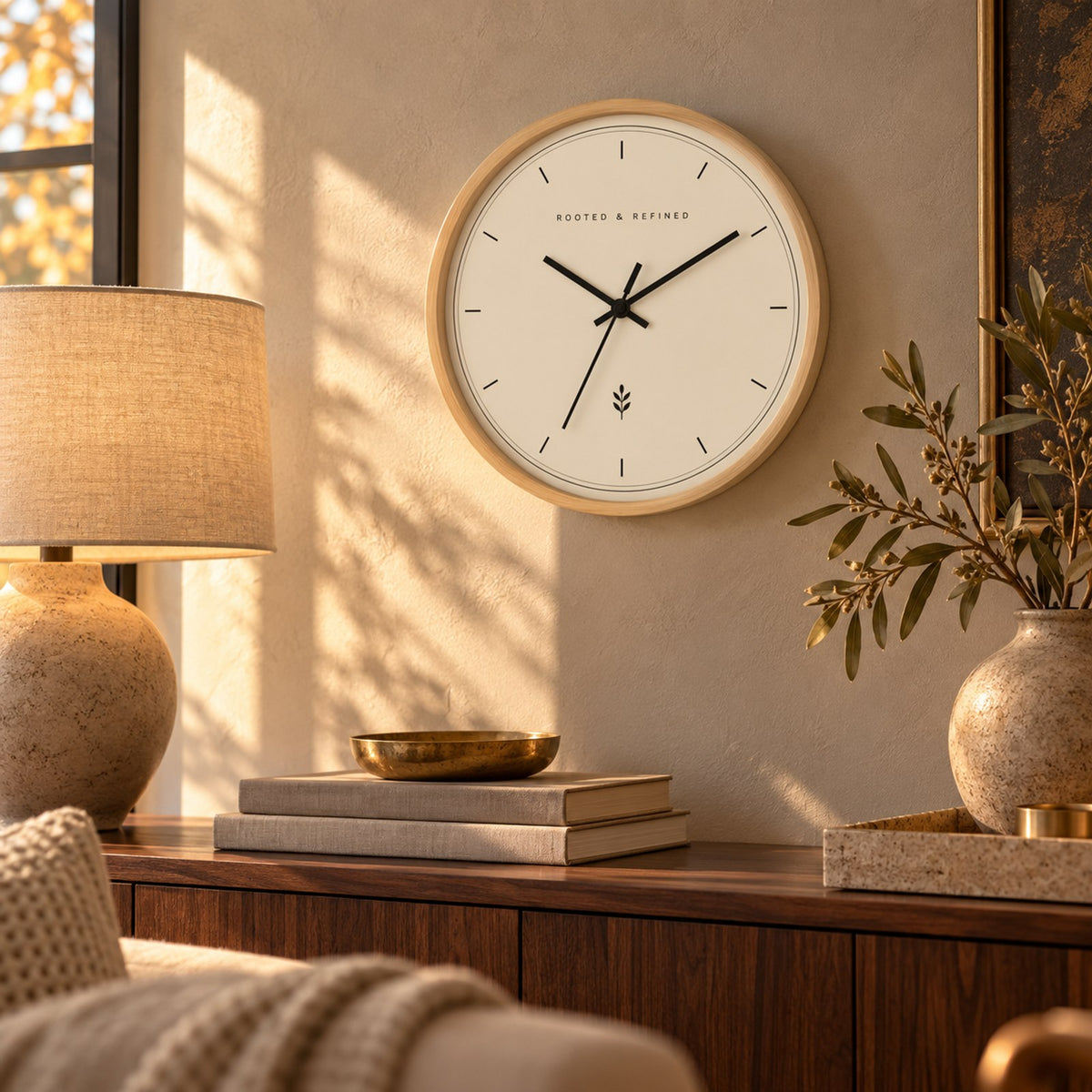 Signature ring wall clock with a natural wood frame and cream face, above a walnut sideboard in warm light
