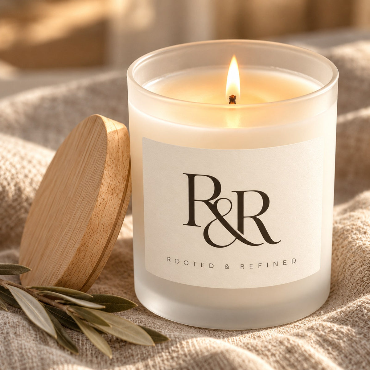 R&R Monogram Frosted Glass Candle, close-up of the lit candle with its frosted glass, melt pool and maple wood lid on linen