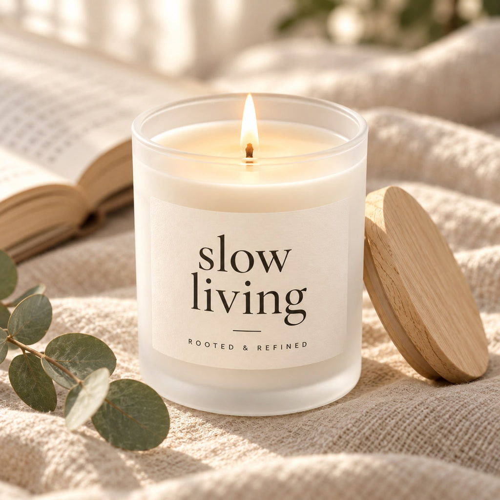 Slow Living Frosted Glass Candle, close-up of the lit candle with its frosted glass, melt pool and maple wood lid on linen