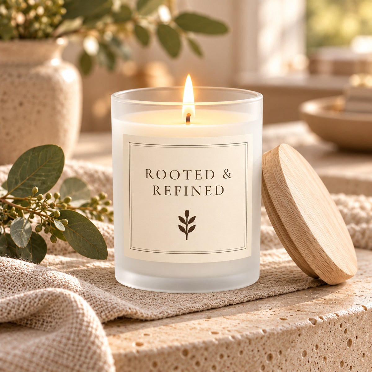 Rooted & Refined Signature Parchment Candle, close-up of the lit candle with its frosted glass, melt pool and maple wood lid on linen
