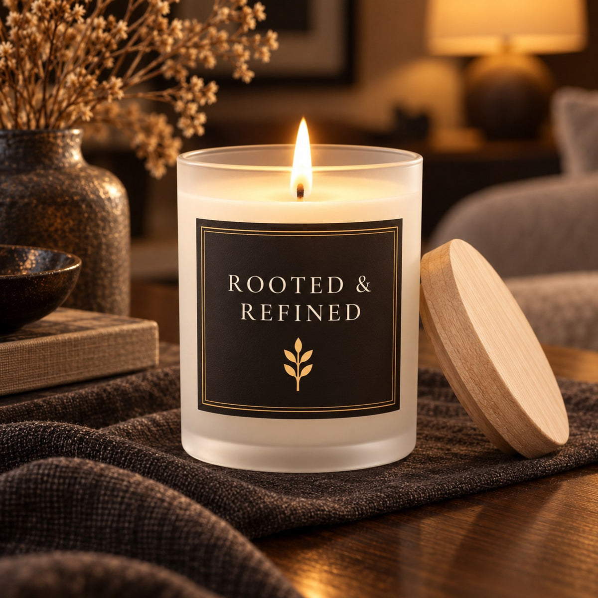 Rooted & Refined Atelier Black Label Candle, close-up of the lit candle with its frosted glass, melt pool and maple wood lid on linen