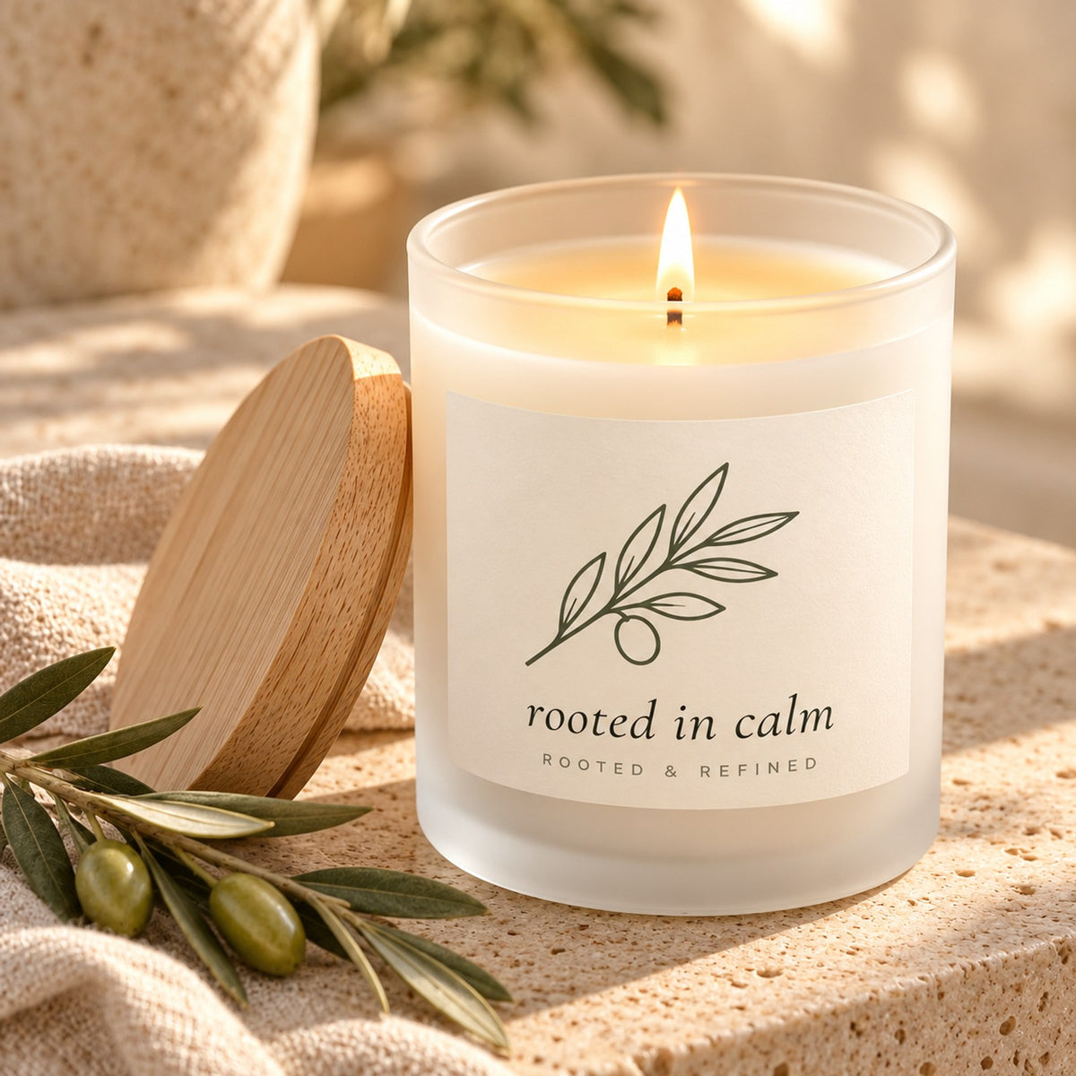 Rooted in Calm Olive Branch Frosted Glass Candle, close-up of the lit candle with its frosted glass, melt pool and maple wood lid on linen