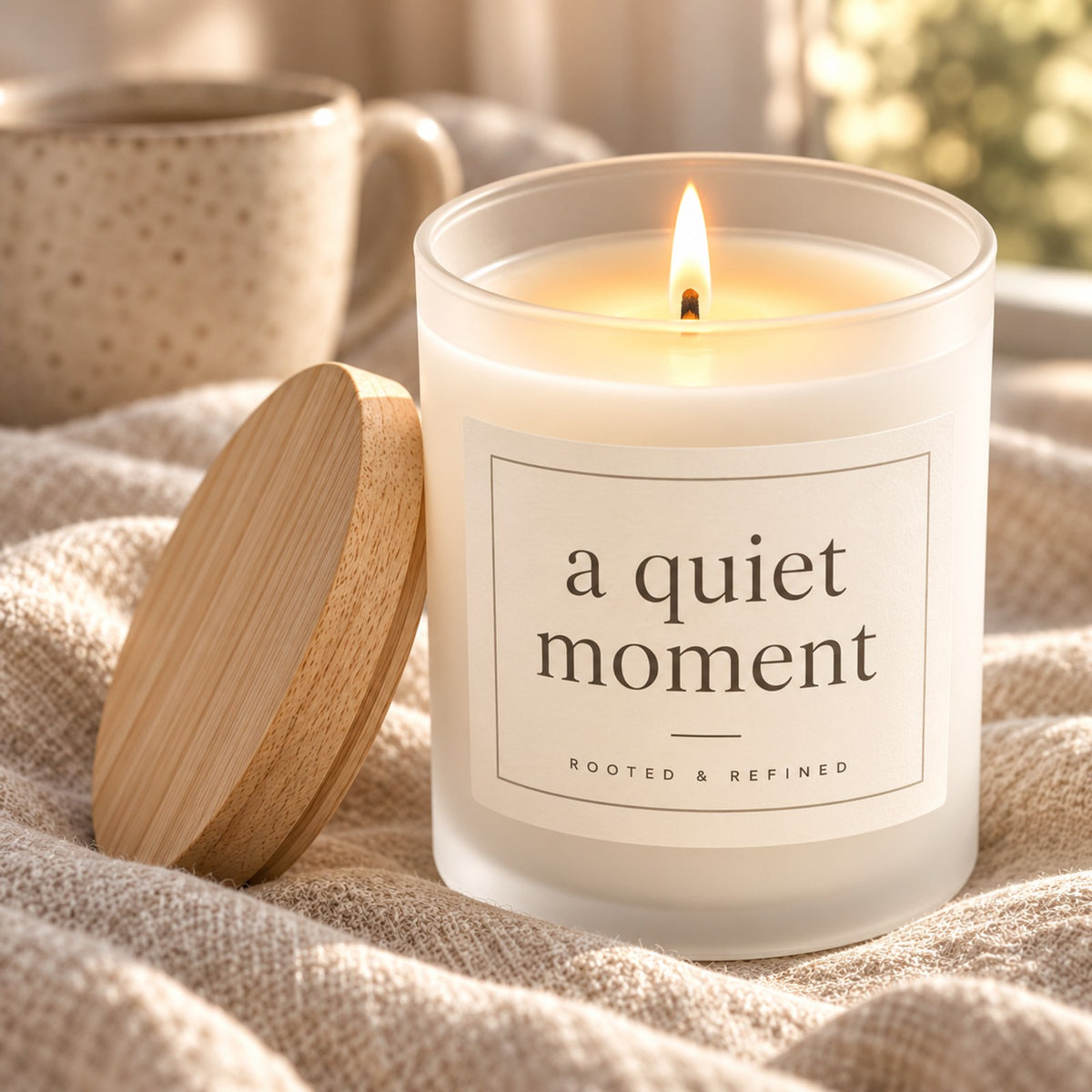 A Quiet Moment Frosted Glass Candle, close-up of the lit candle with its frosted glass, melt pool and maple wood lid on linen