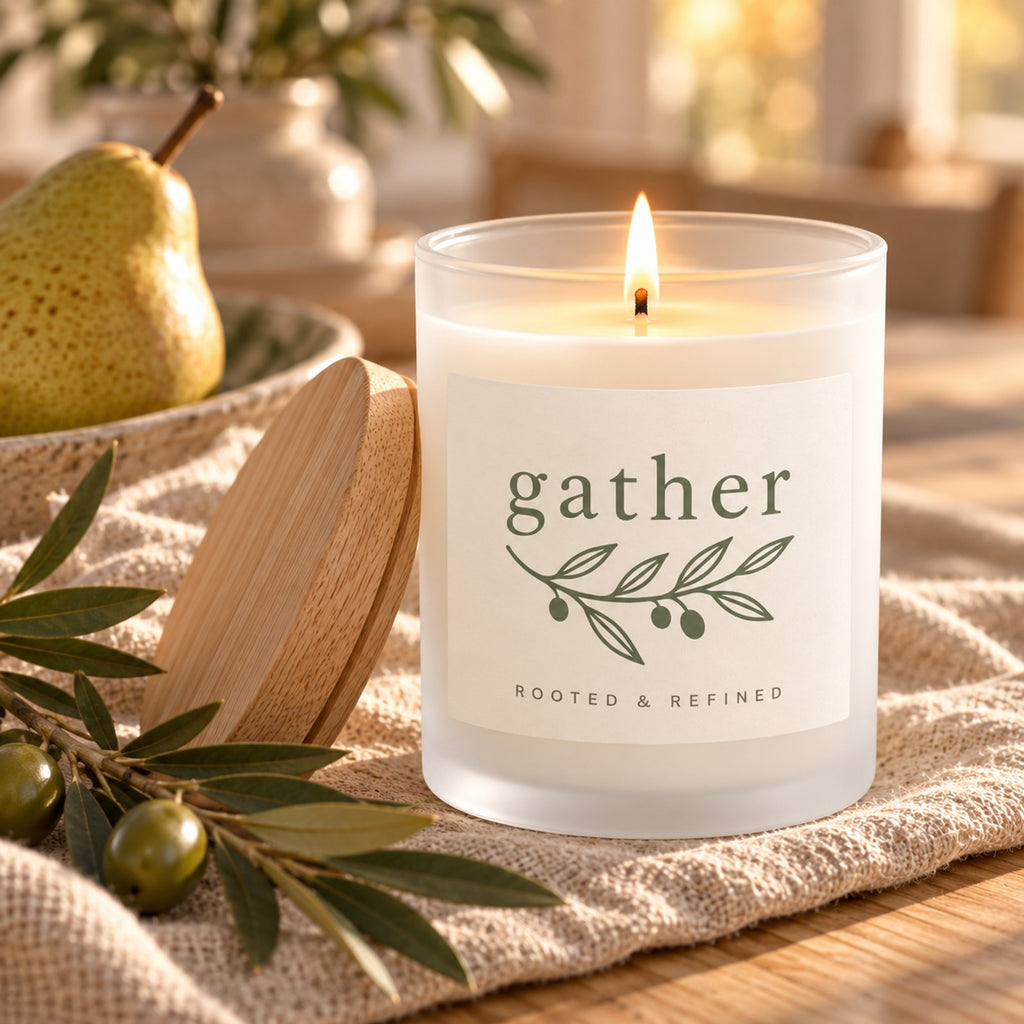 Gather Olive Sprig Frosted Glass Candle, close-up of the lit candle with its frosted glass, melt pool and maple wood lid on linen