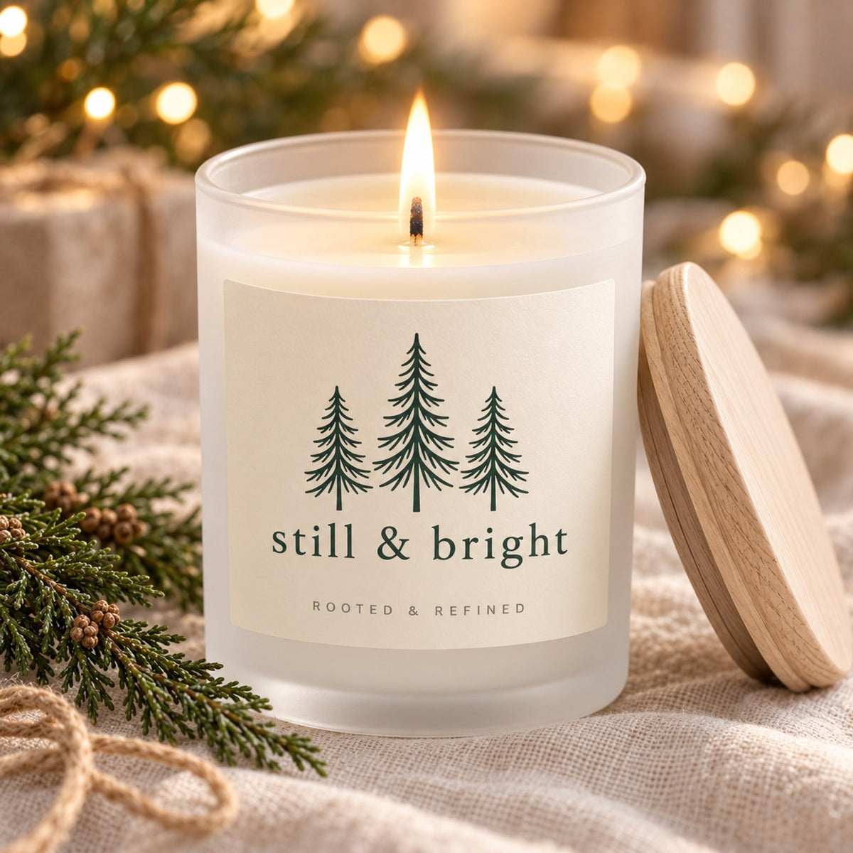Still & Bright Evergreen Frosted Glass Candle, close-up of the lit candle with its frosted glass, melt pool and maple wood lid on linen