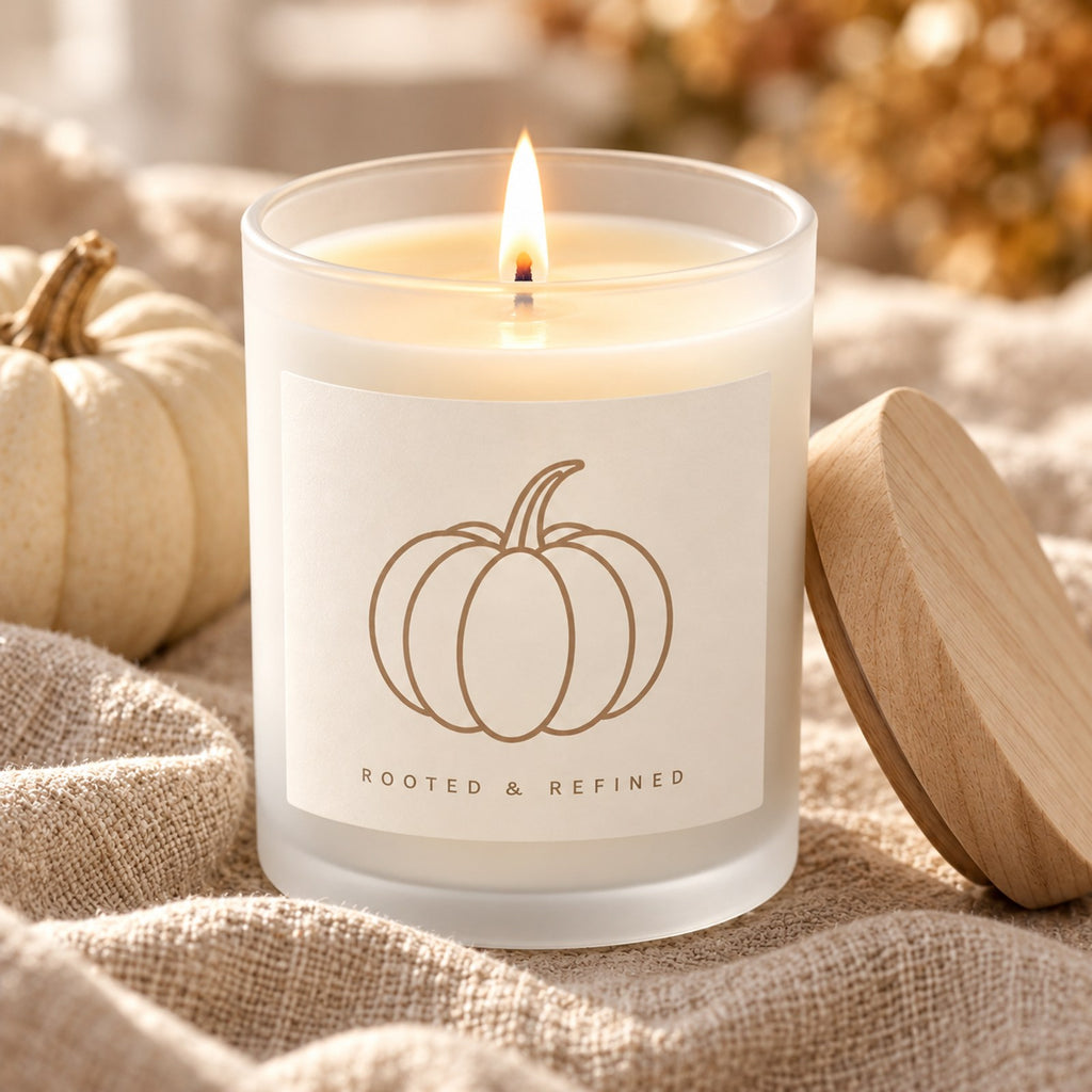 Pumpkin Frosted Glass Candle, close-up of the lit candle with its frosted glass, melt pool and maple wood lid on linen