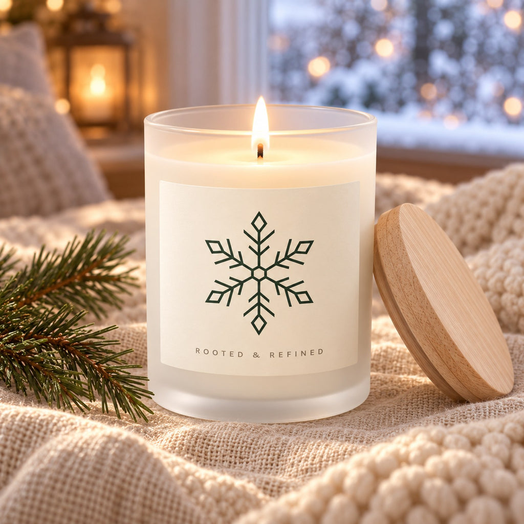 Snowflake Frosted Glass Candle, close-up of the lit candle with its frosted glass, melt pool and maple wood lid on linen