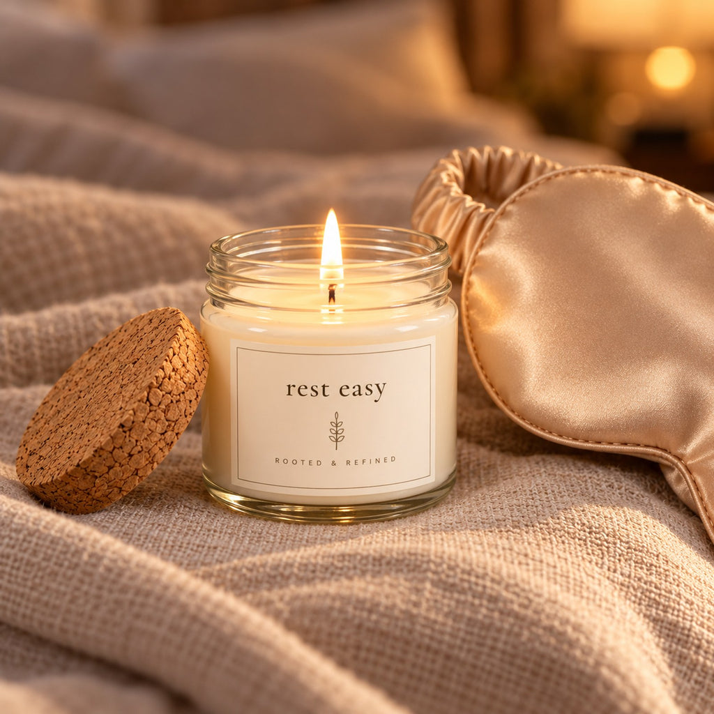 Rest Easy Candle & Satin Sleep Mask Gift Set, close-up of the lit candle with its cork lid beside the champagne satin sleep mask