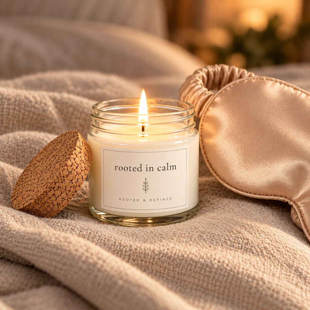 Rooted in Calm Candle & Satin Sleep Mask Gift Set, close-up of the lit candle with its cork lid beside the champagne satin sleep mask