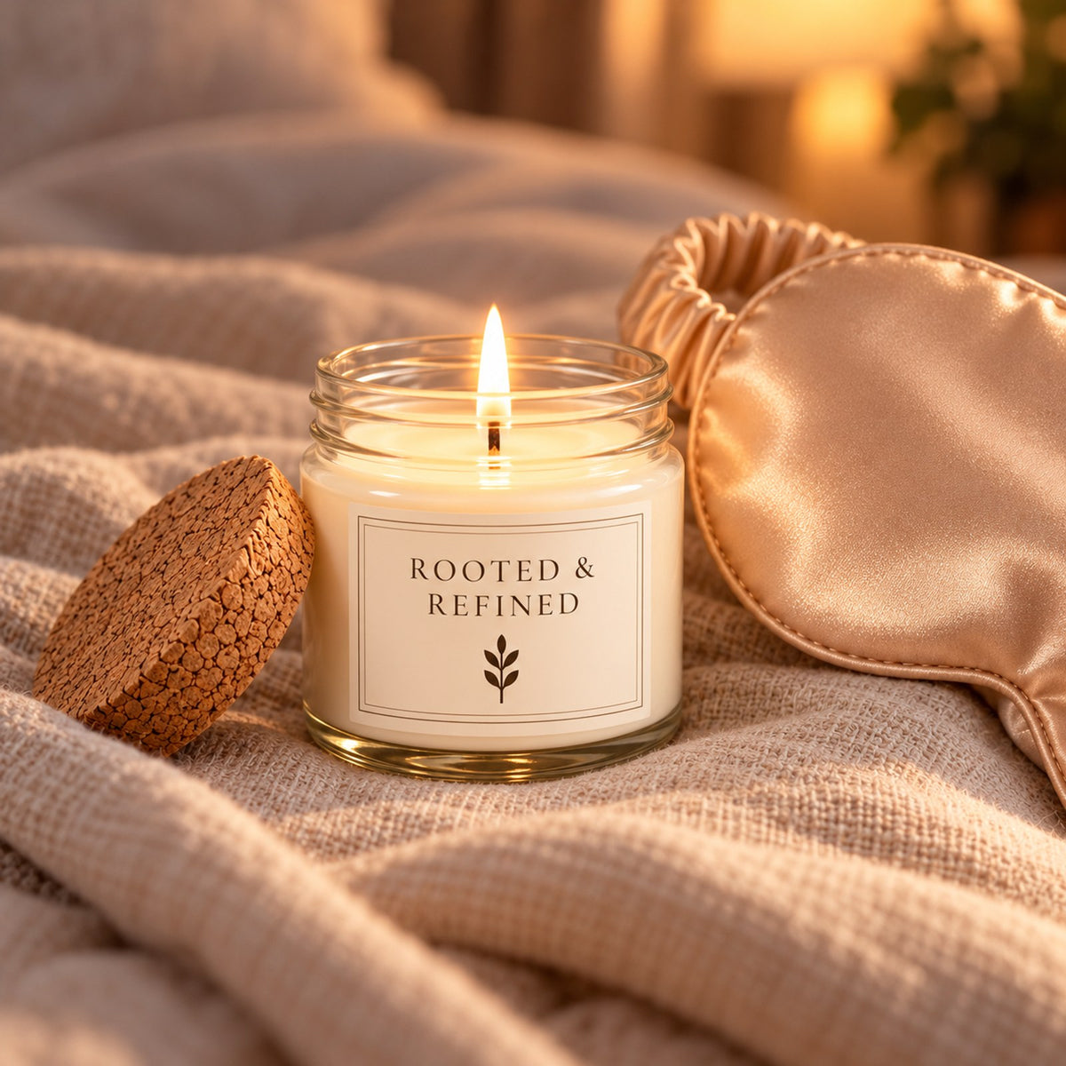 Rooted & Refined Signature Candle & Satin Sleep Mask Gift Set, close-up of the lit candle with its cork lid beside the champagne satin sleep mask