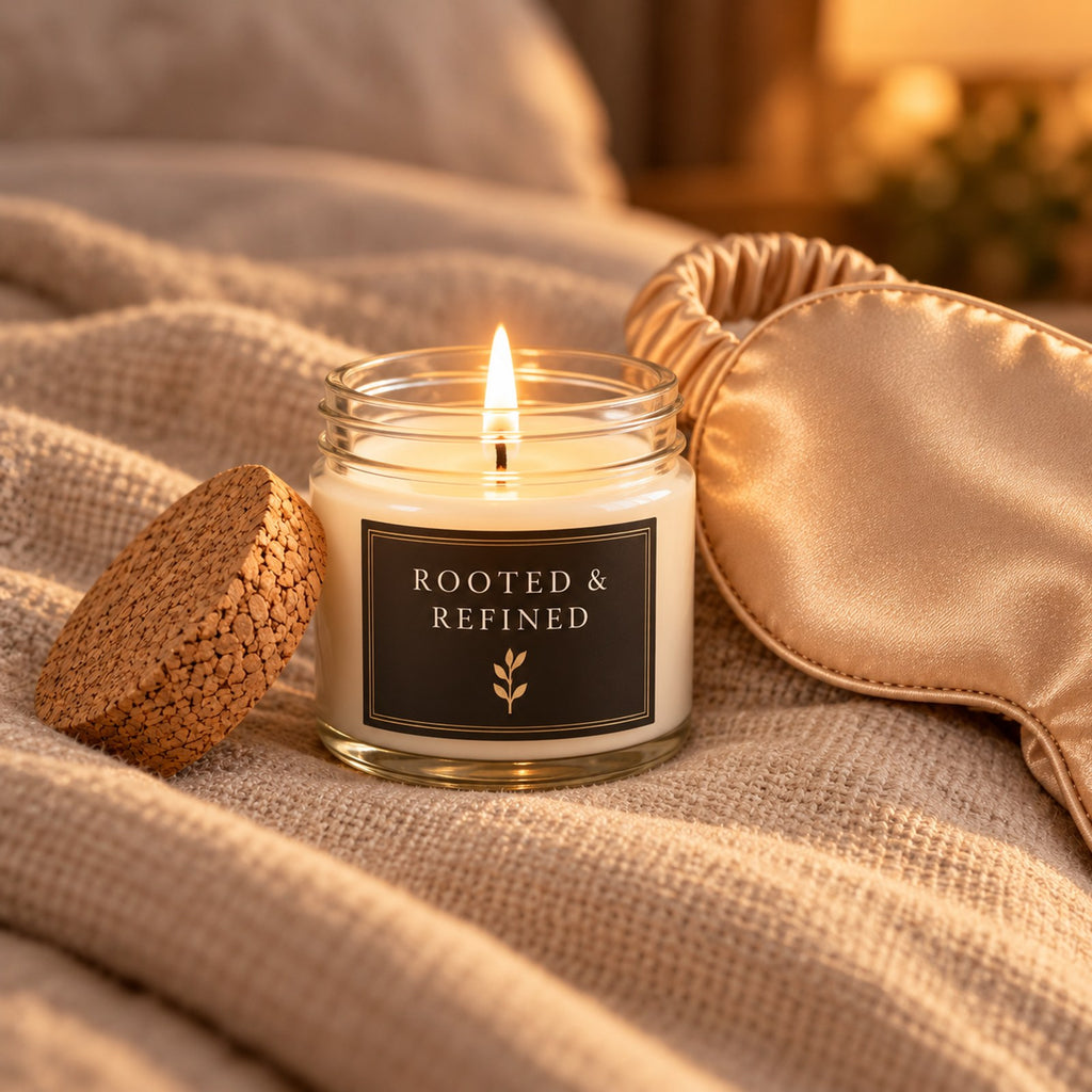 Rooted & Refined Espresso Candle & Satin Sleep Mask Gift Set, close-up of the lit candle with its cork lid beside the champagne satin sleep mask