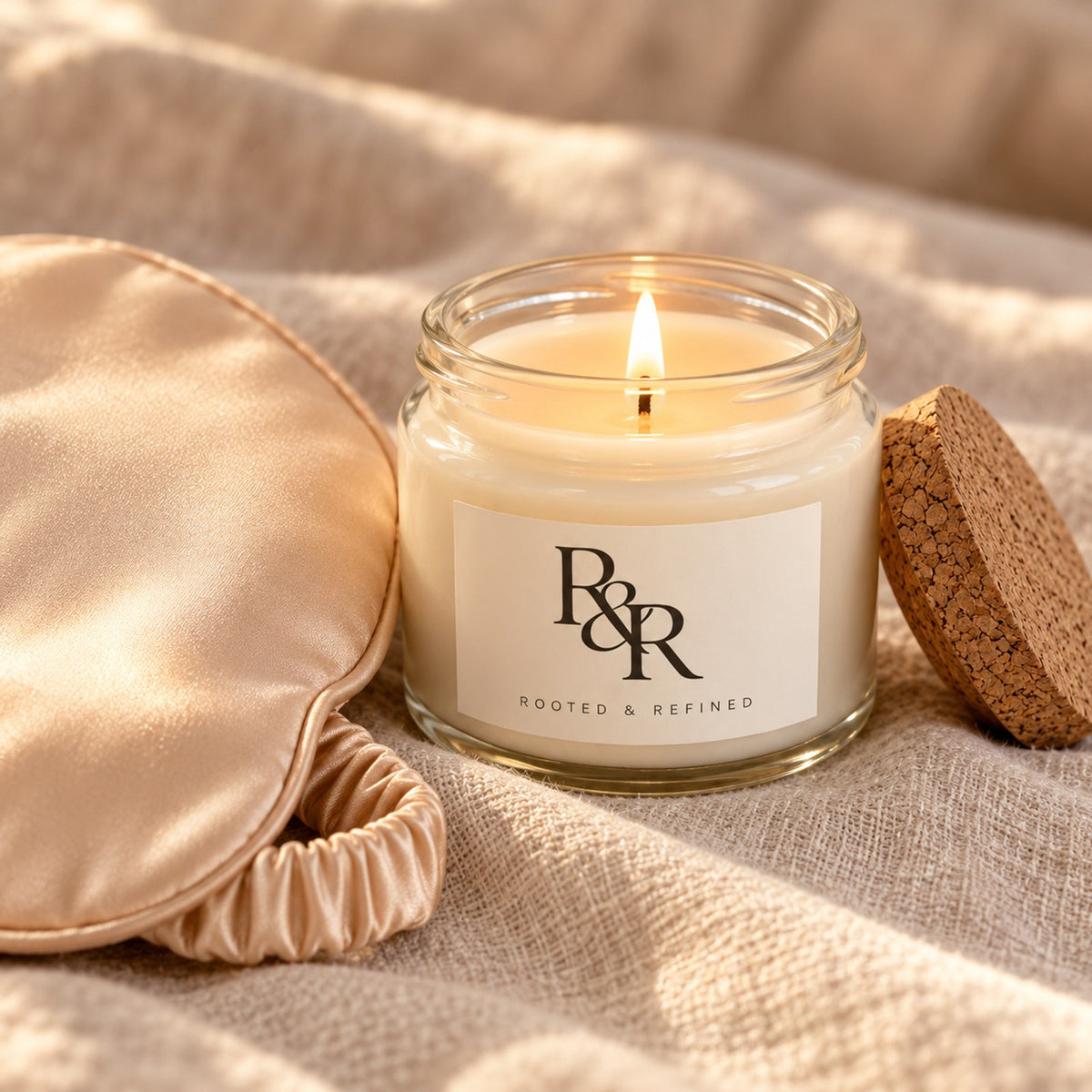 R&R Monogram Candle & Satin Sleep Mask Gift Set, close-up of the lit candle with its cork lid beside the champagne satin sleep mask