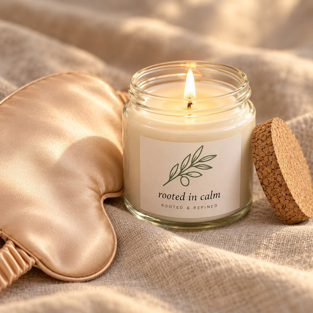 Rooted in Calm Olive Branch Candle & Satin Sleep Mask Gift Set, close-up of the lit candle with its cork lid beside the champagne satin sleep mask