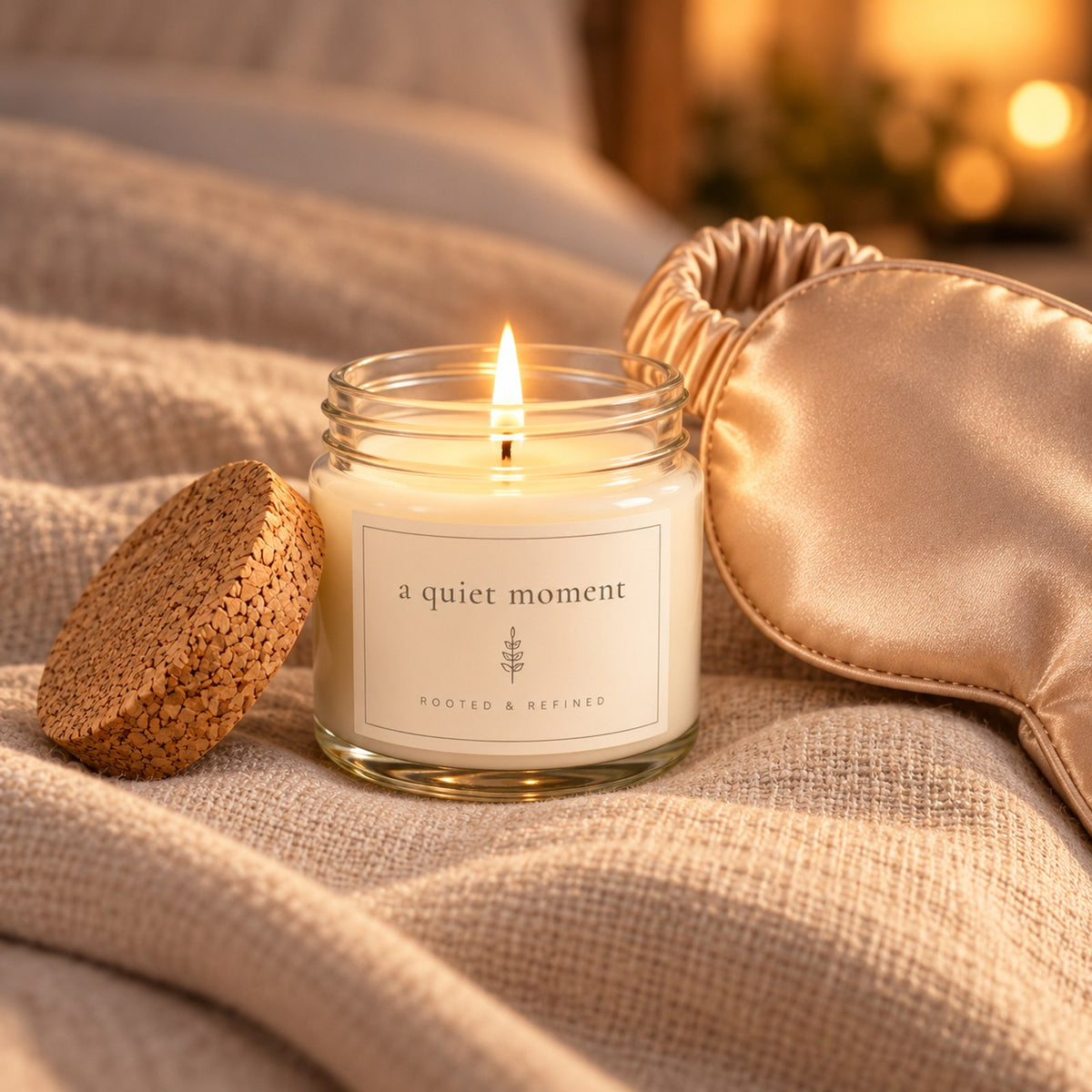 A Quiet Moment Candle & Satin Sleep Mask Gift Set, close-up of the lit candle with its cork lid beside the champagne satin sleep mask